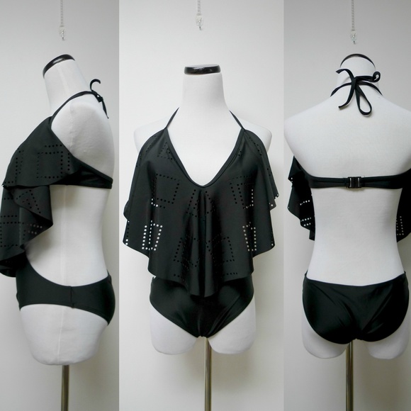 Other - ruffle trim ruched V-neck black monokini . M